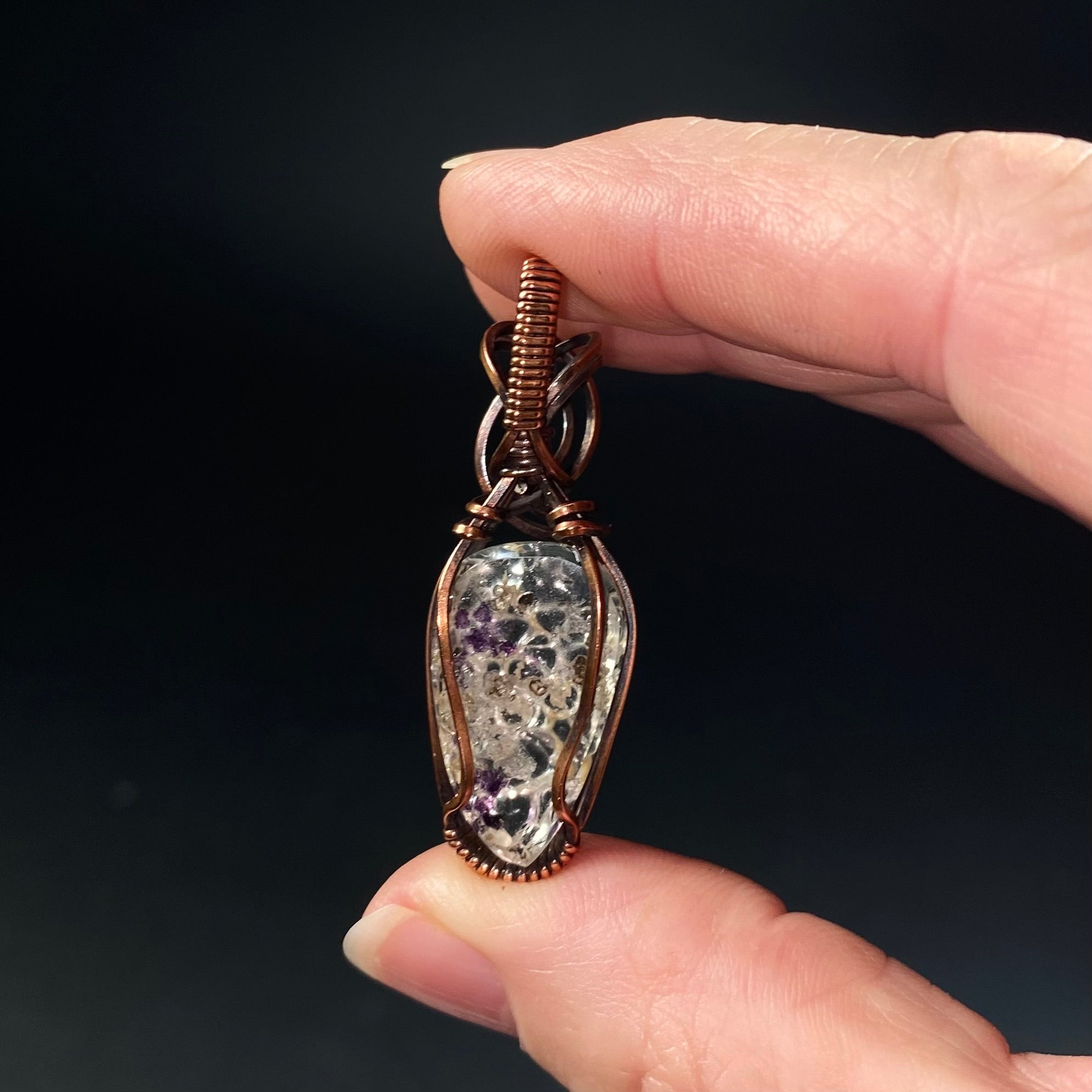 Hyalite Opal with Purple Fluorite Inclusions & Copper Wire Wrapped Pendant