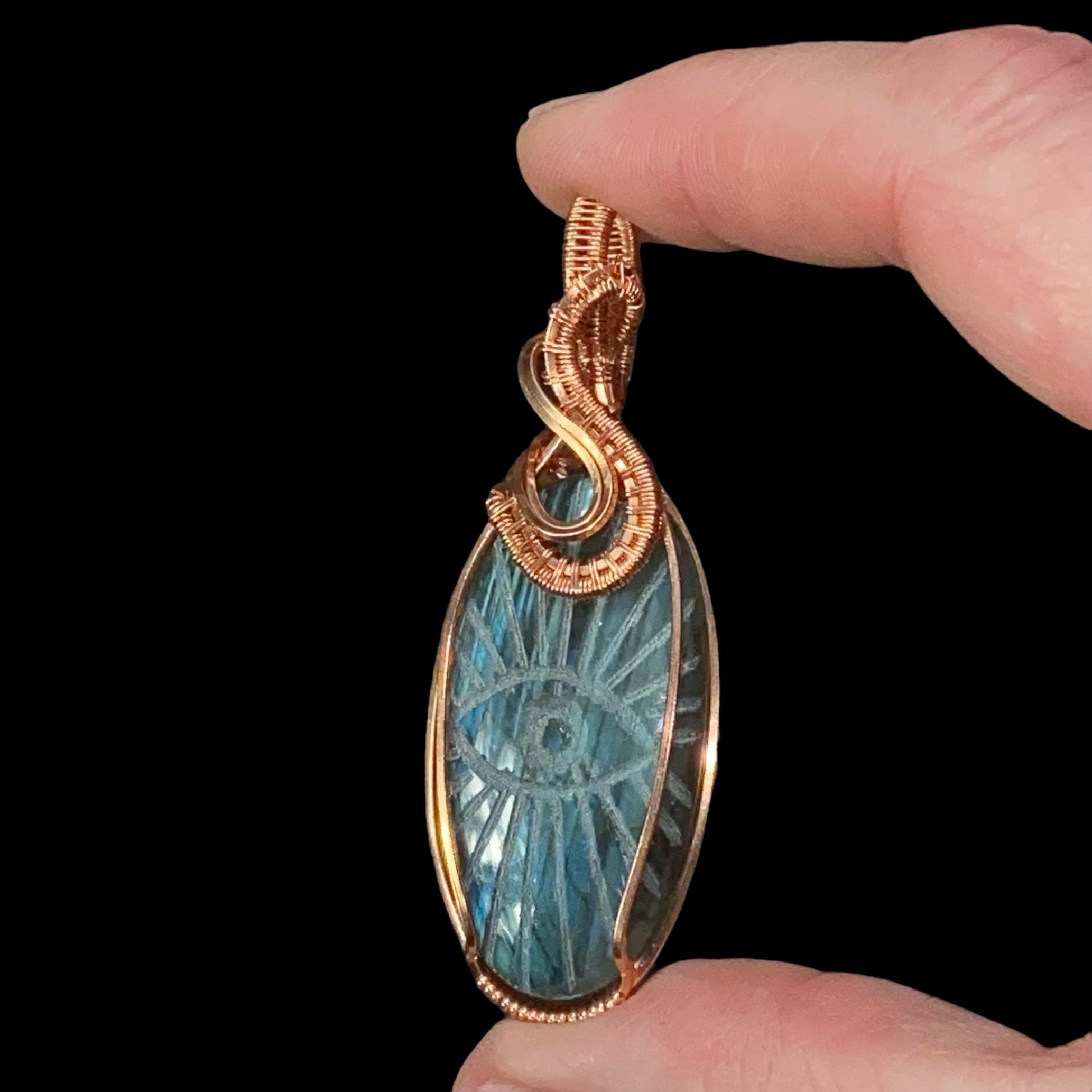 Evil Eye Carved Labradorite Cabochon and Copper Handmade Wire Wrapped Pendant