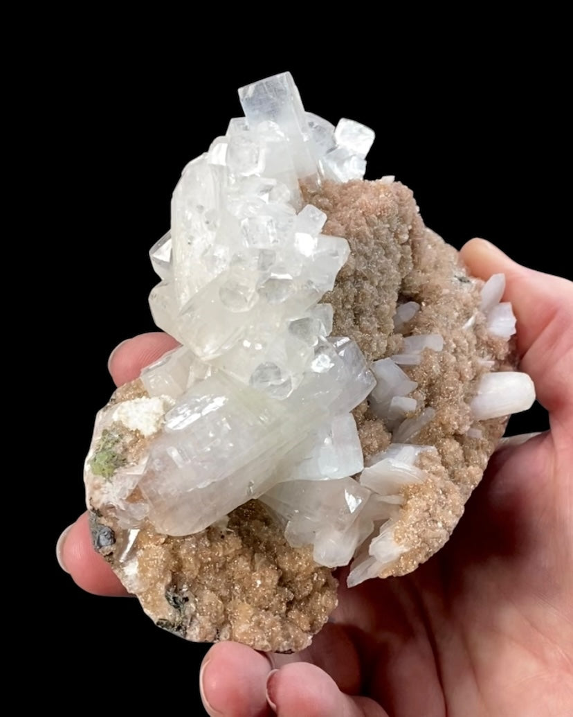 Clear Apophyllite Crystals with Peach Stilbite & Okenite on Basalt Matrix