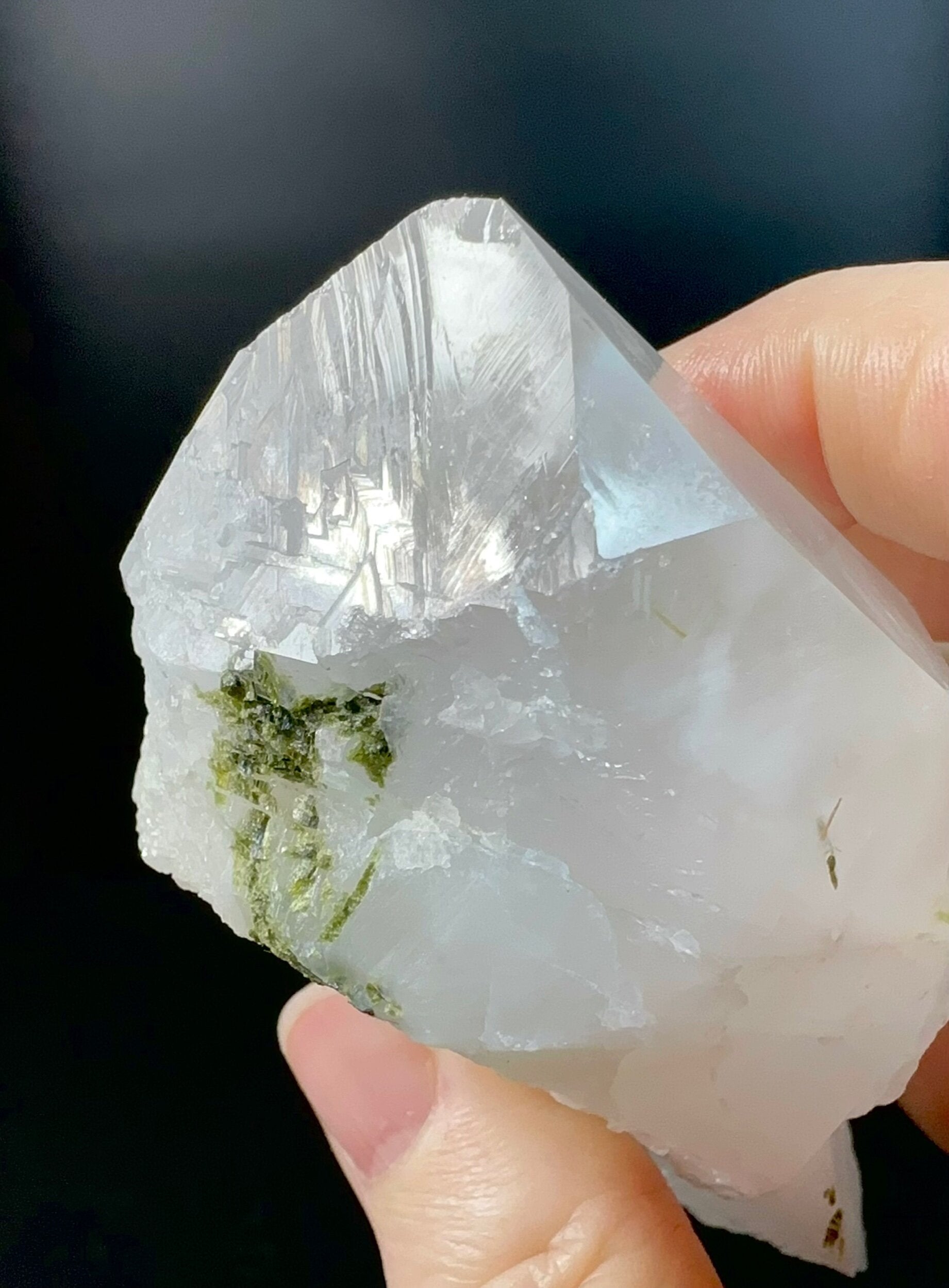 Quartz Crystal with Dark Green Epidote Crystals