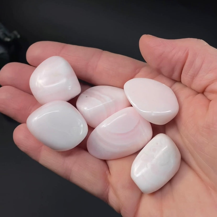 High Grade Light Pink Mangano Calcite Tumbled Stone from Peru, Fluorescent