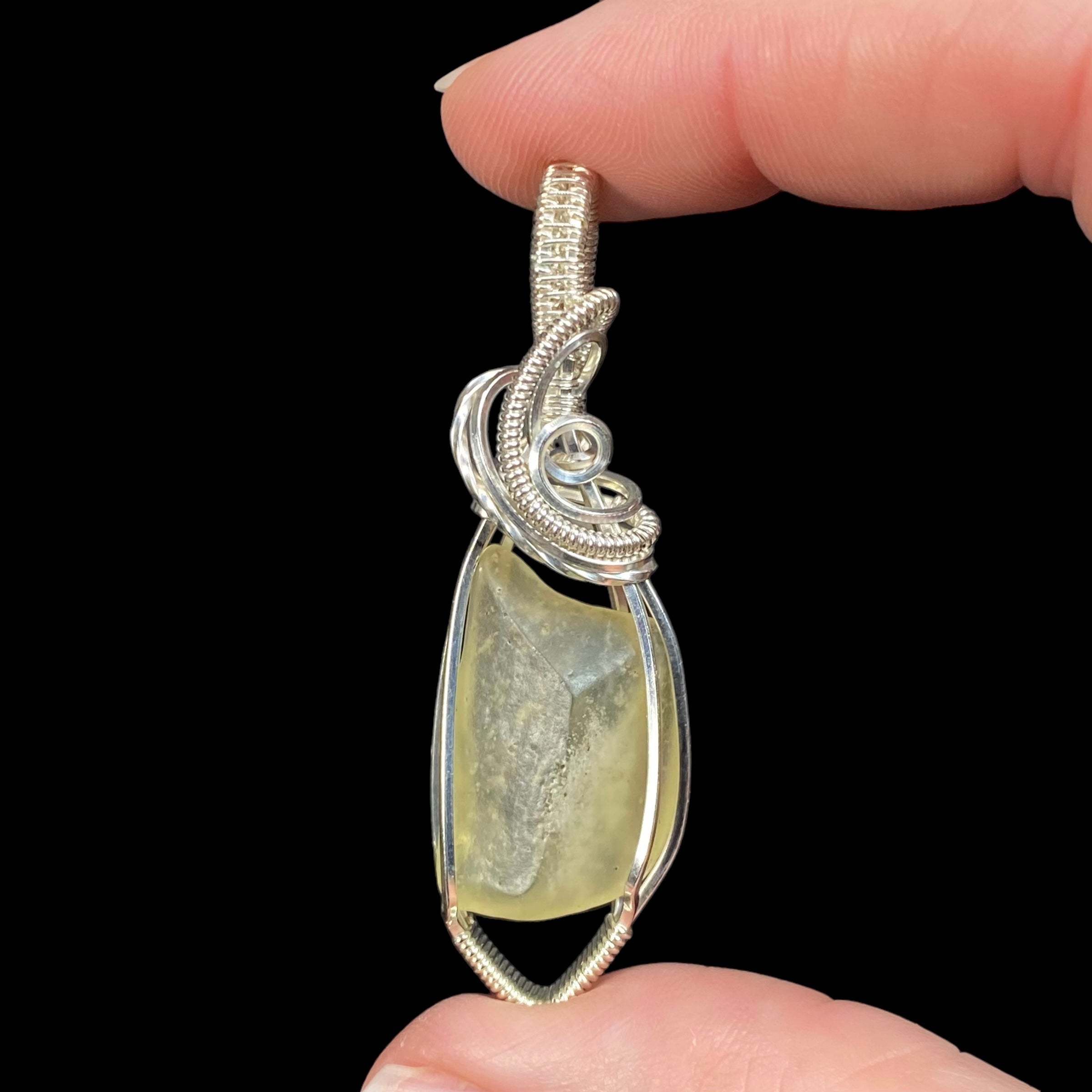 Libyan Desert Glass and Sterling Silver Wire Wrapped Pendant