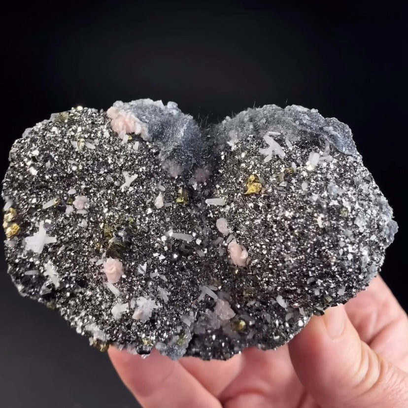 Rhodochrosite Rosettes on Arsenopyrite, with Sphalerite, Pyrite, Boulangerite, Milky Quartz Crystals  & Calcite from Trepça Mines, Kosovo