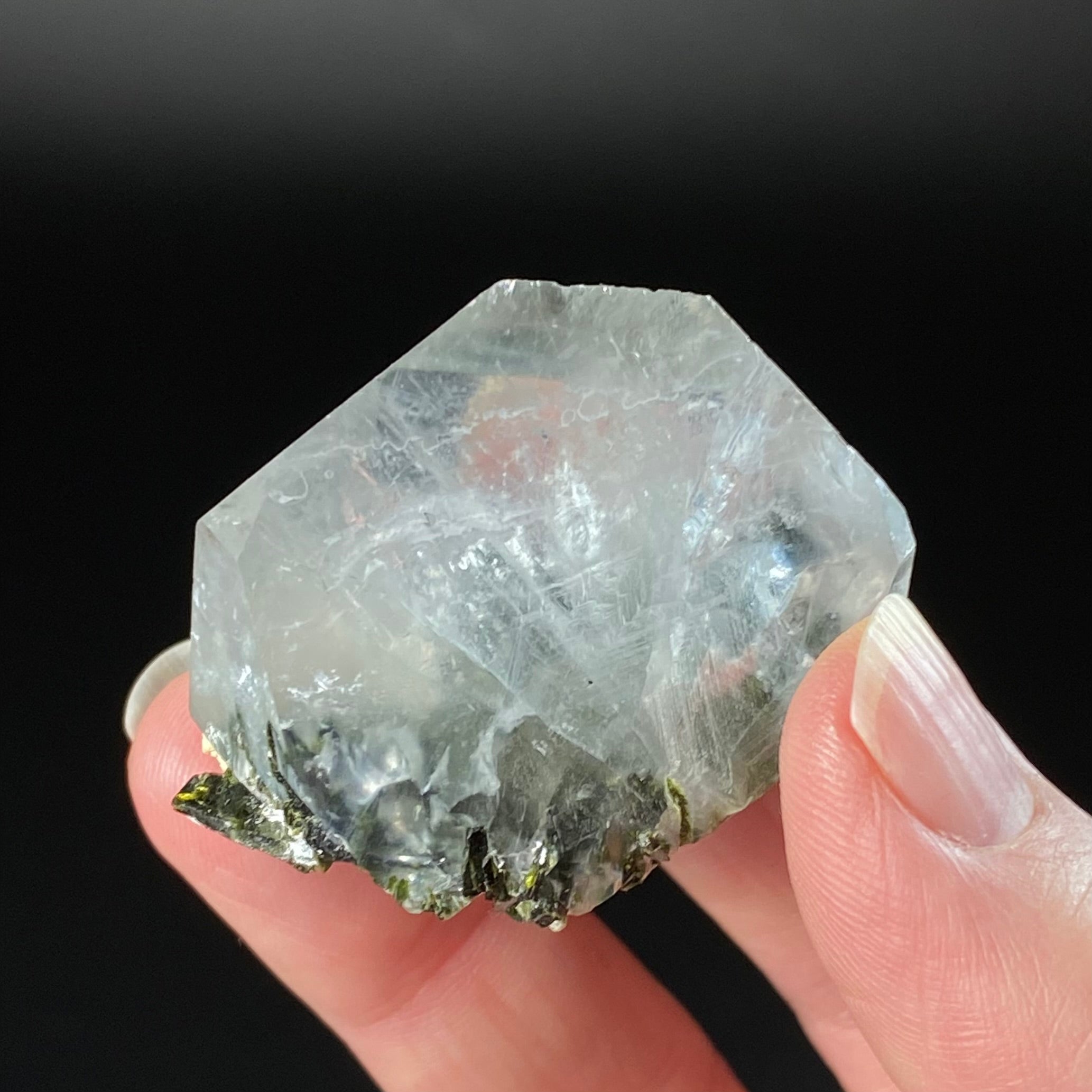 Clear Quartz Crystal with Dark Green Epidote Crystals