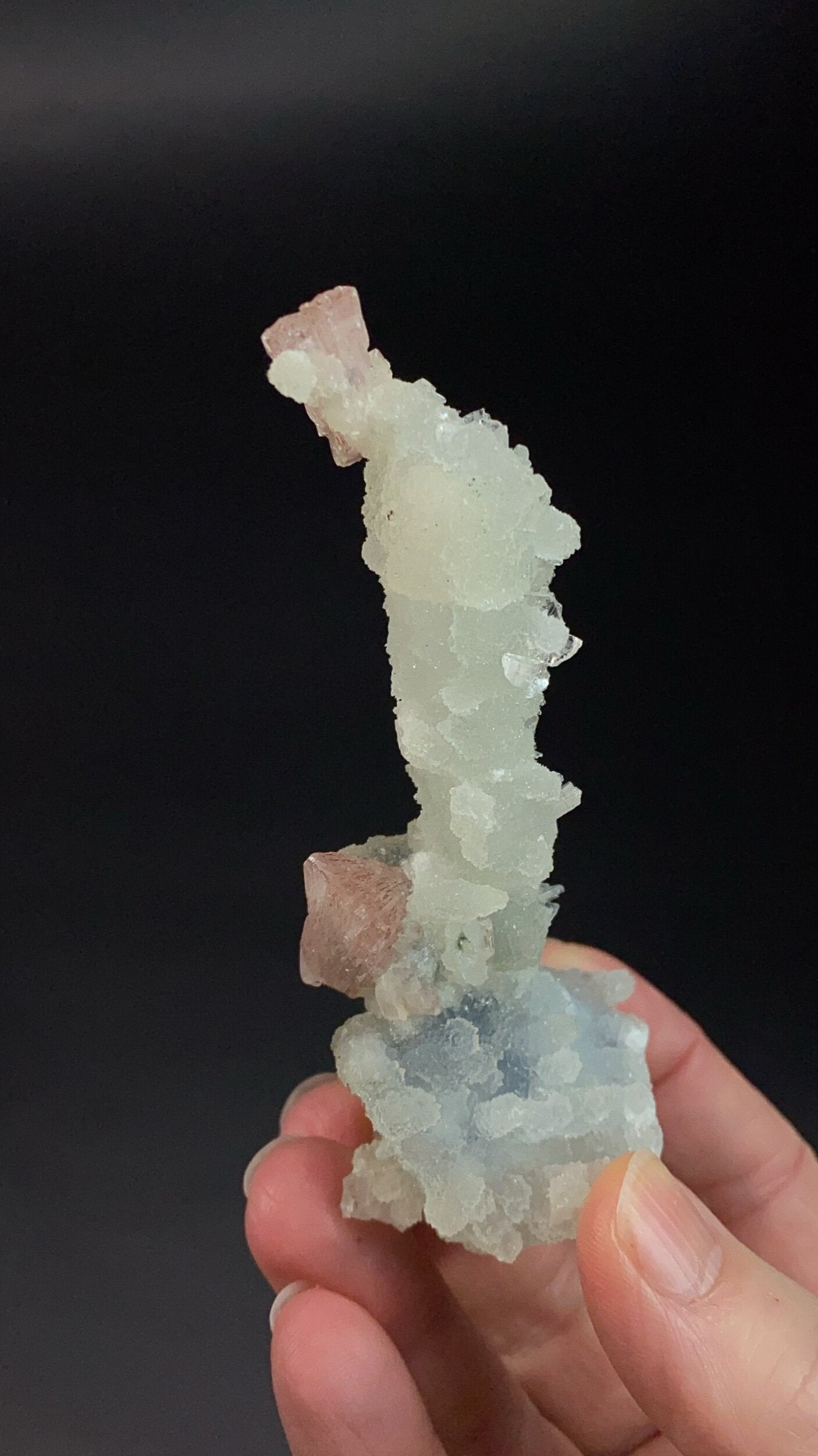 Clear Apophyllite, Pink Heulandite & Calcite Stalactite Formation Cluster