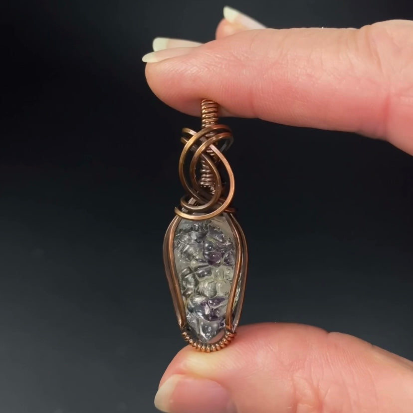 Hyalite Opal with Purple Fluorite Inclusions & Copper Wire Wrapped Pendant