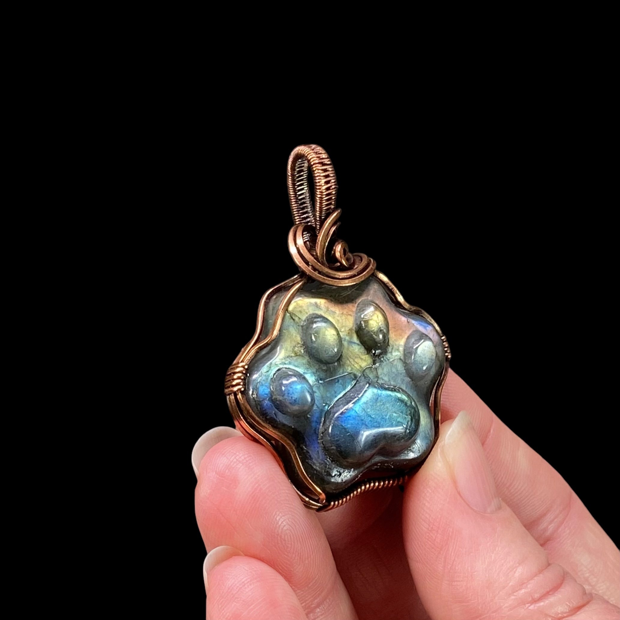 Labradorite Dog Paw Cabochon and Copper Wire Wrapped Pendant