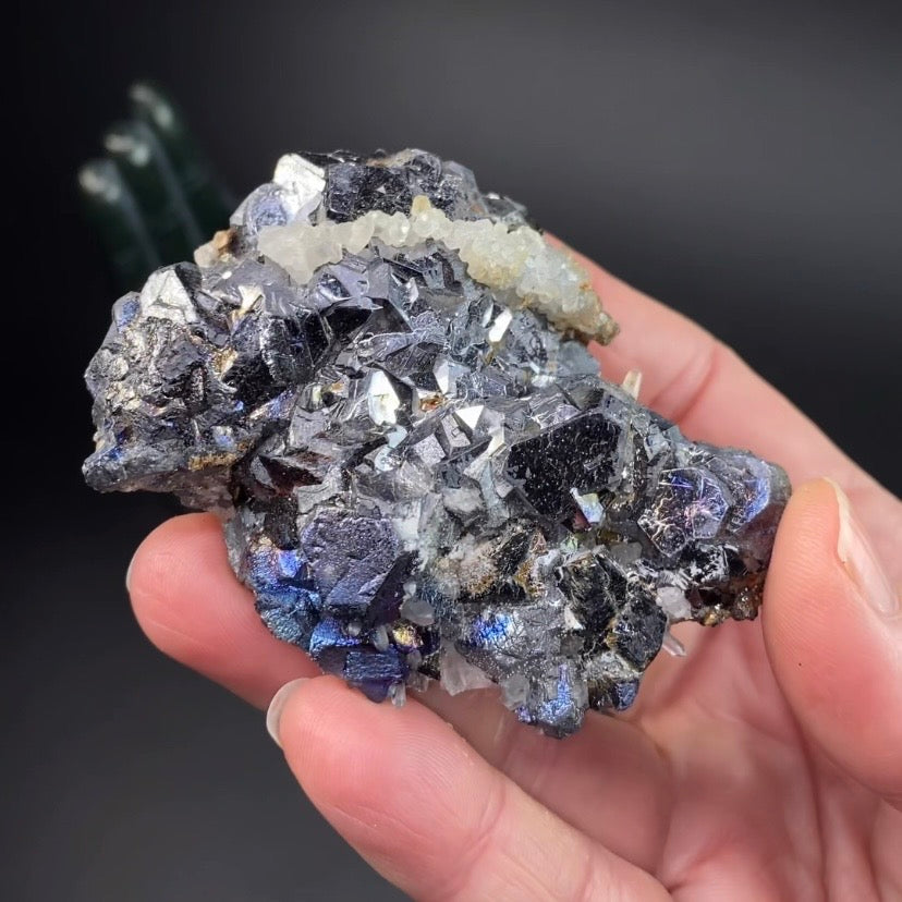 Galena Cluster with Calcite and Blue Iridescence from Trepça Mine Complex, Kosovo
