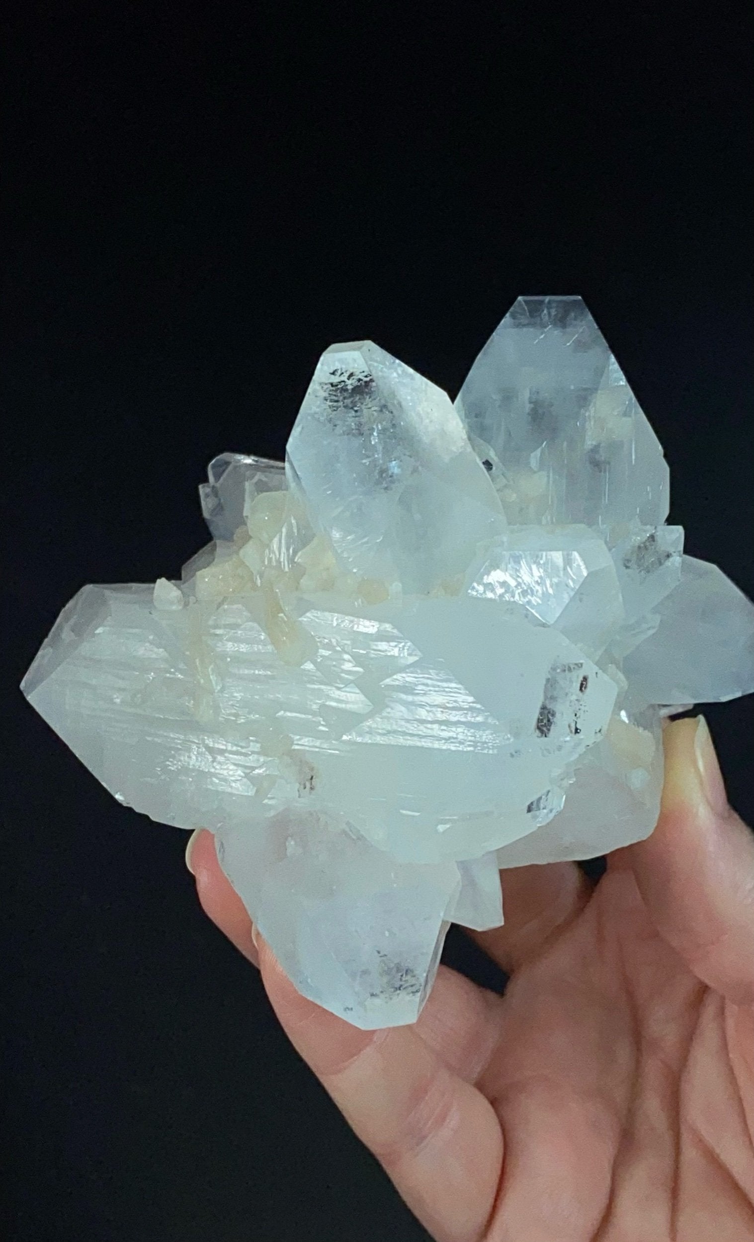 Clear Apophyllite Crystal Cluster with Stilbite & Fluorescent Inclusions, from Jalgaon, Maharashtra, India