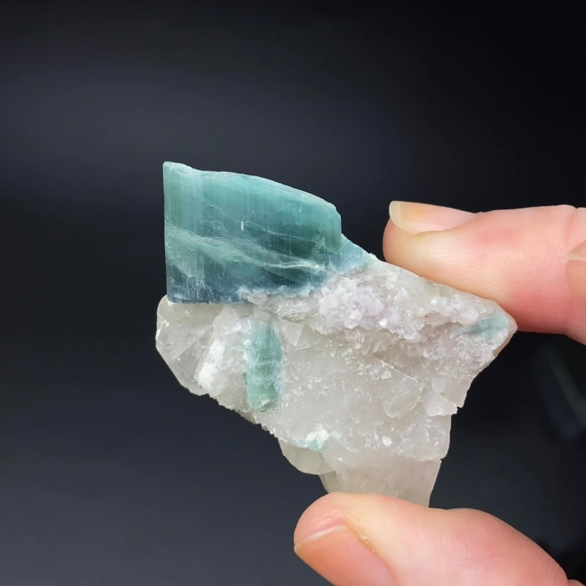 Bicolor Blue & Green Tourmaline on a Light Smoky Quartz Crystal