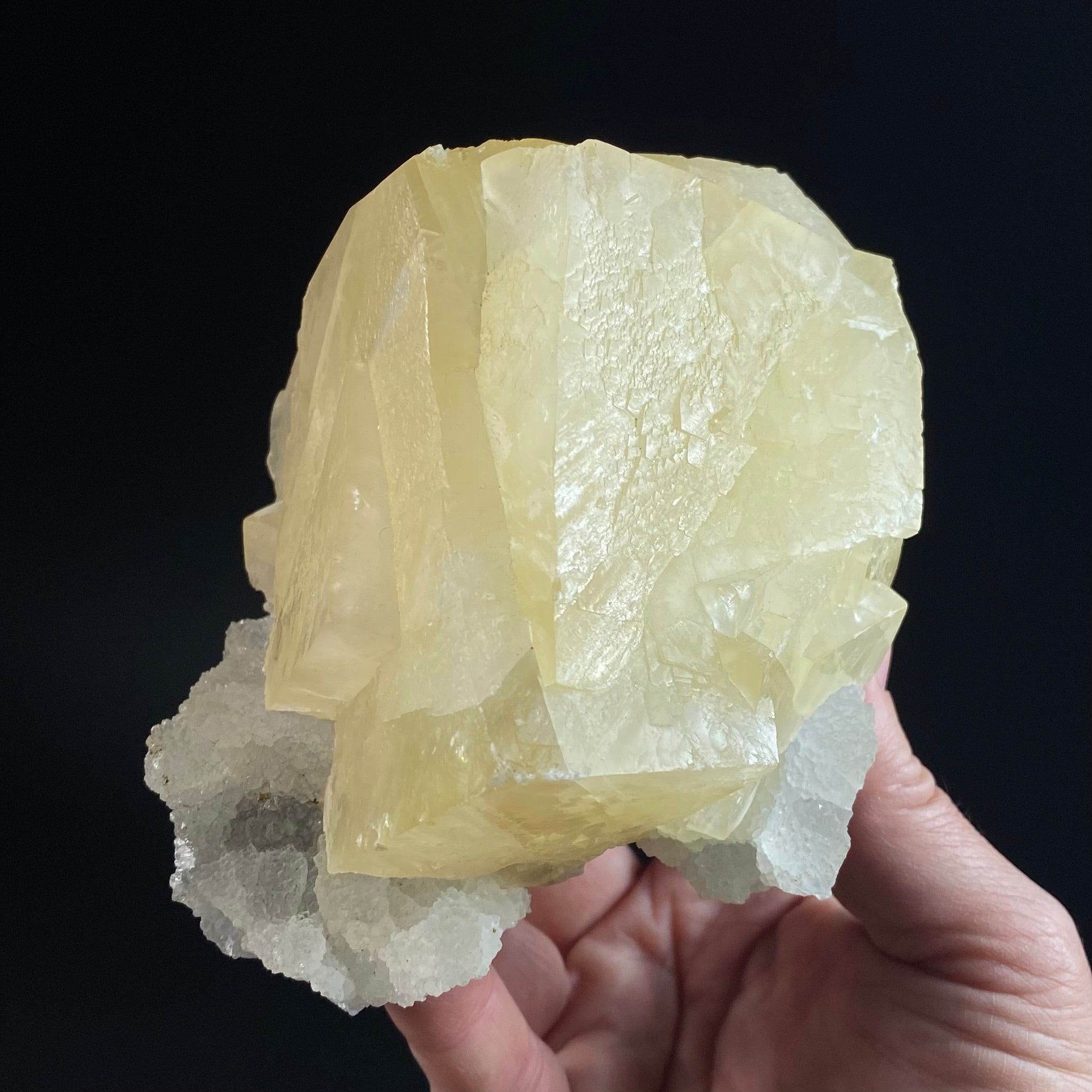 Yellow Rhombic Calcite Cluster with Chalcedony on Basalt Matrix Remnant