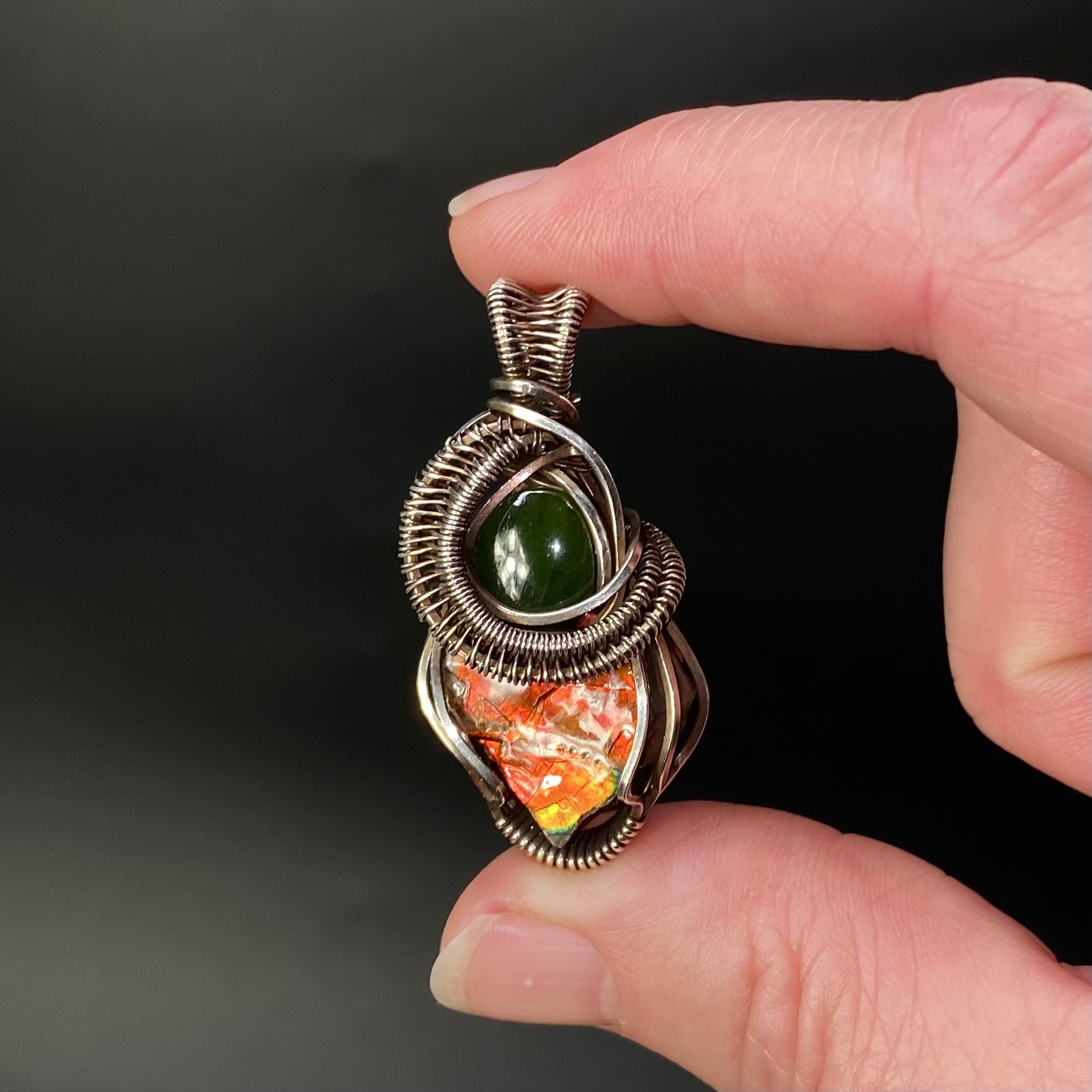 Canadian Ammolite with Nephrite Jade Accent Wire Wrapped Pendant in Sterling Silver Wire