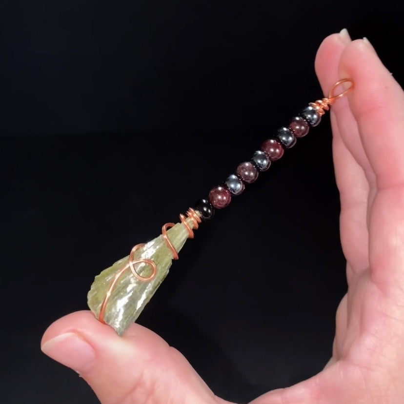 Garnet, Hematite & Epidote Wire Wrapped Witches Broom Pendant - Ornament for Halloween
