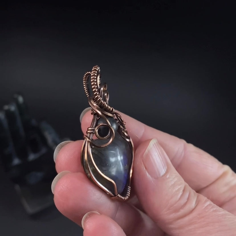 Labradorite Heart and Copper Wire Wrapped Pendant with Shungite Accent Bead