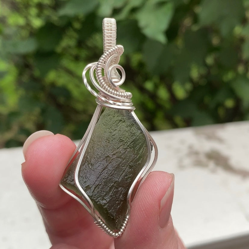 Genuine Moldavite Wire Wrapped Pendant in Sterling Silver Wire
