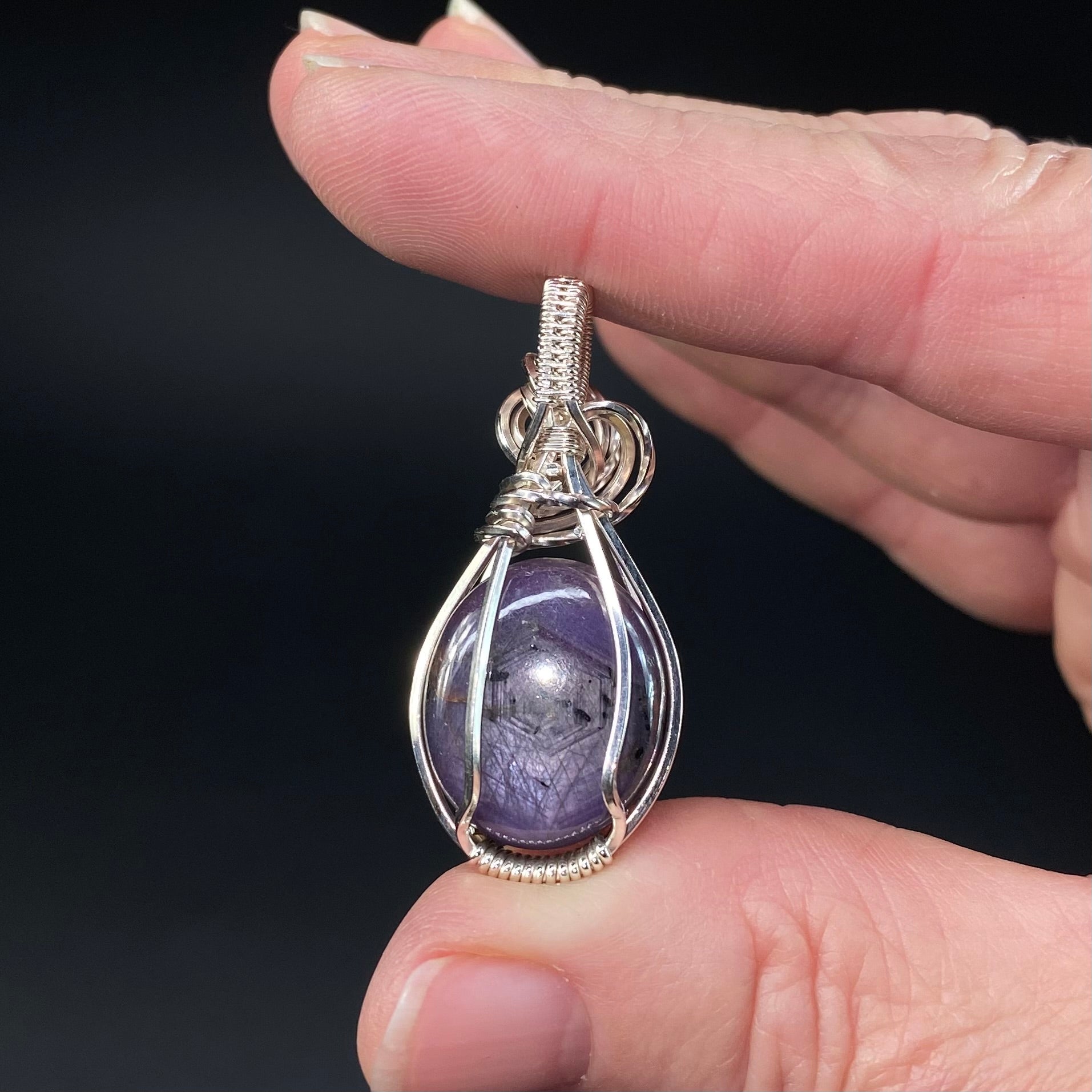 Tumbled Purple Sapphire Crystal & Sterling Silver Wire Wrapped Pendant