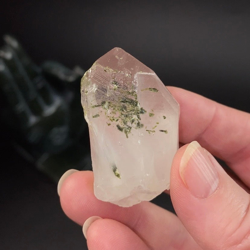Quartz Crystal with Pink Hematite, White Whisps and Epidote - Natural Raw Crystals