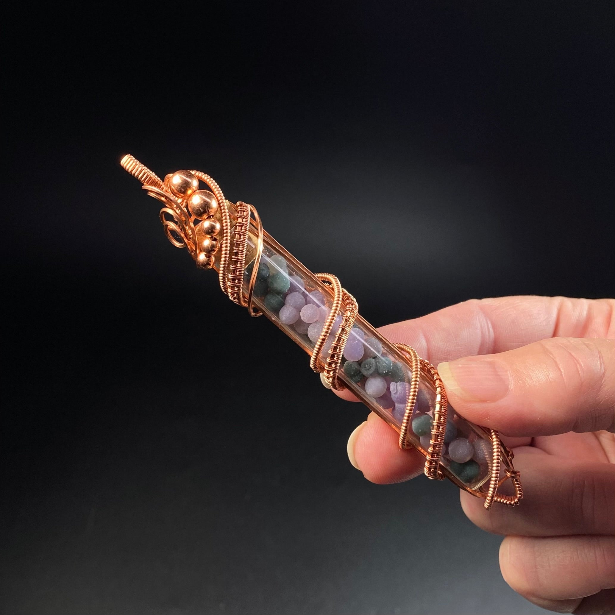 One of a Kind Botryoidal Amethyst aka Grape Agate Wire Wrapped Glass Vial Pendant