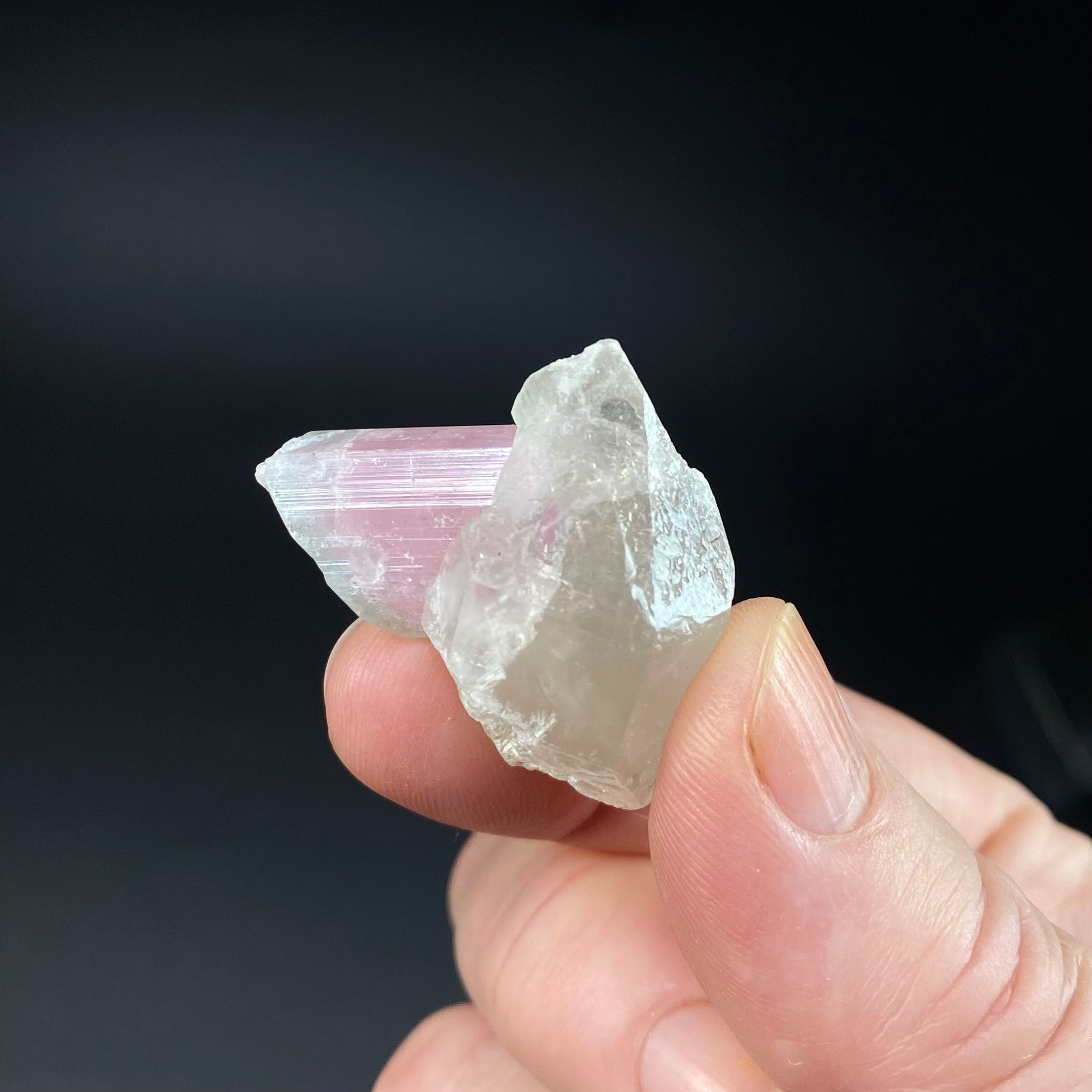 Bicolor Pink & Green Tourmaline on a Light Smoky Quartz Crystal