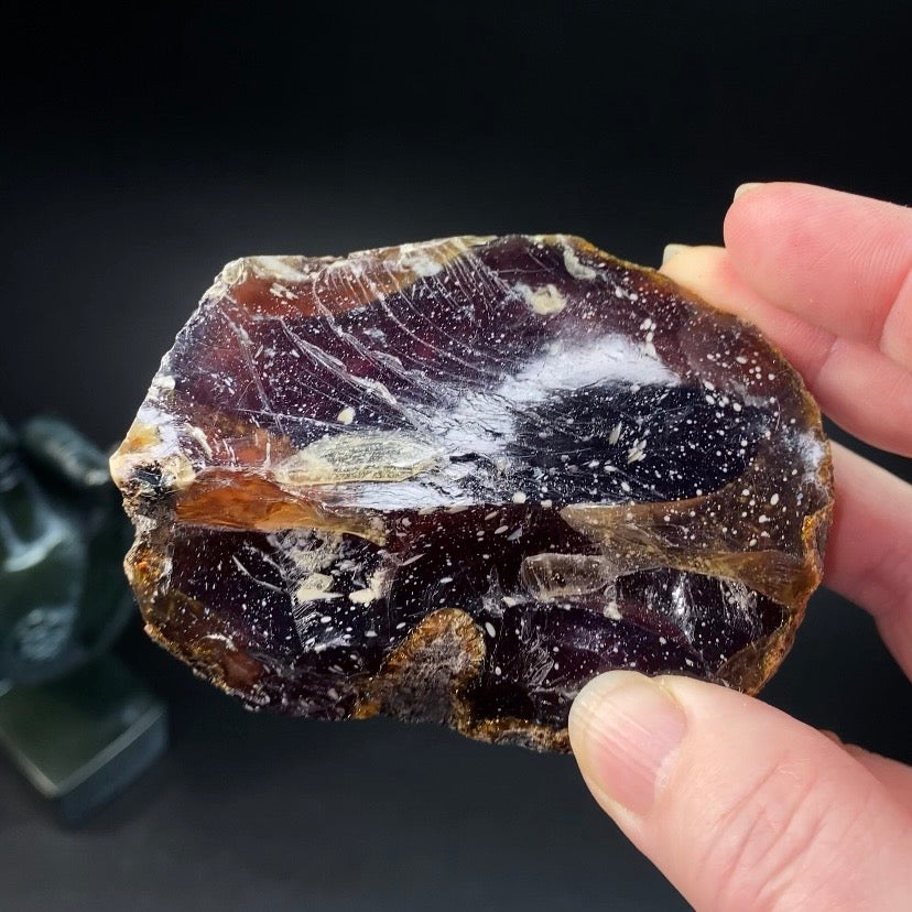 High Grade Sumatran Blue Amber Polished Display Face and Raw Exterior