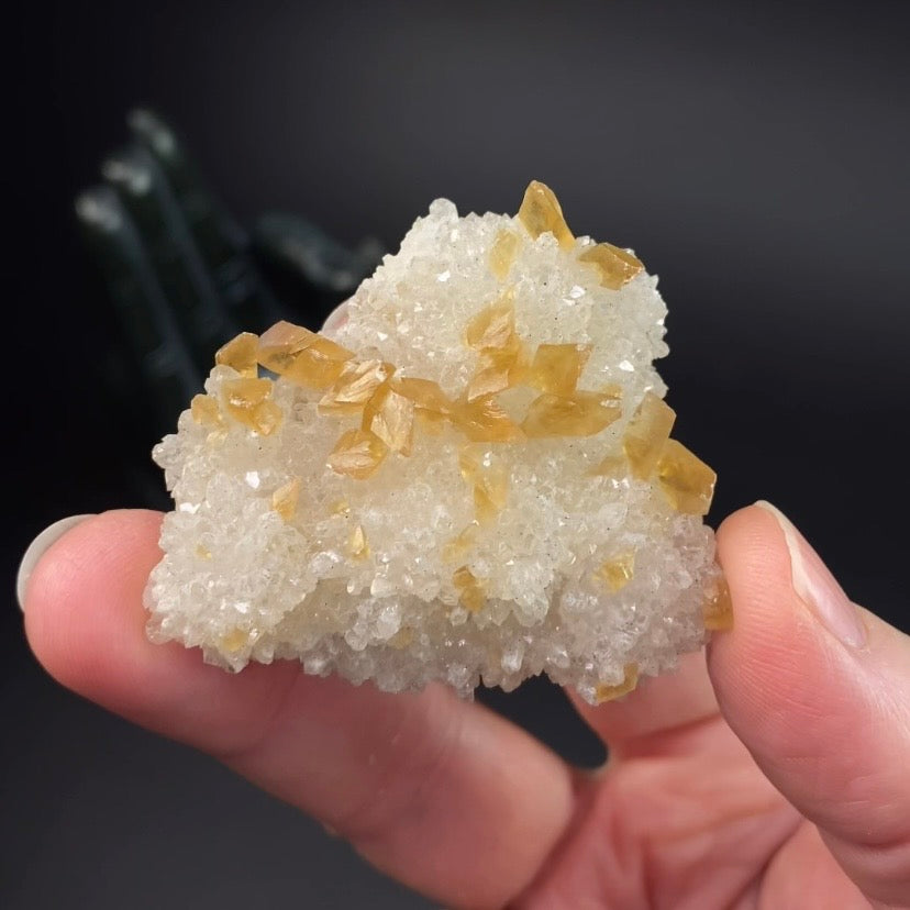 Phosphorescent Golden Feather Calcite Crystals on Druzy Quartz