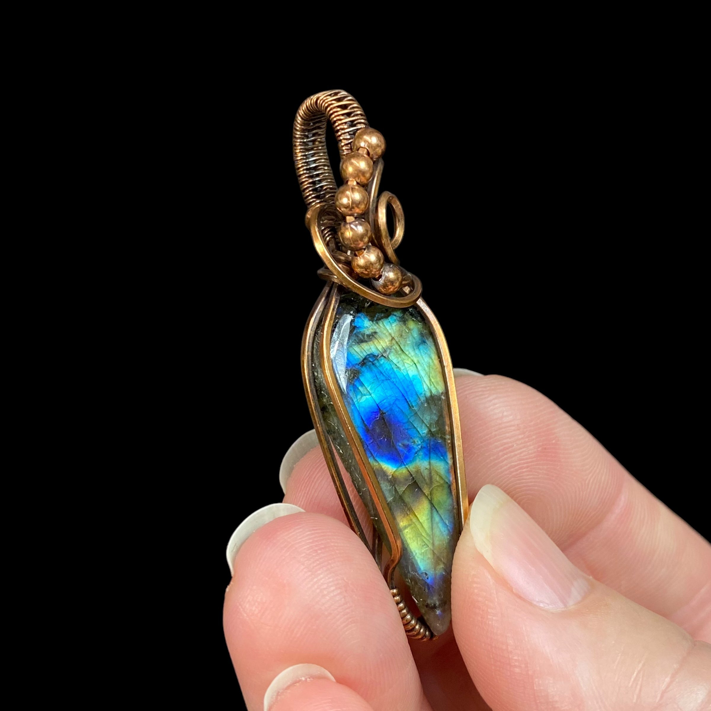 Labradorite Cabochon Wire Wrap Pendant - Oxidized Copper Wire