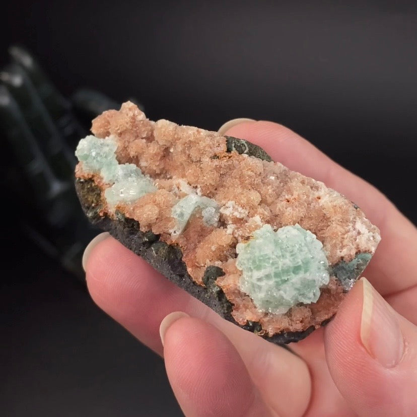 Green Apophyllite Crystals with Stilbite on Trimmed Basalt Matrix