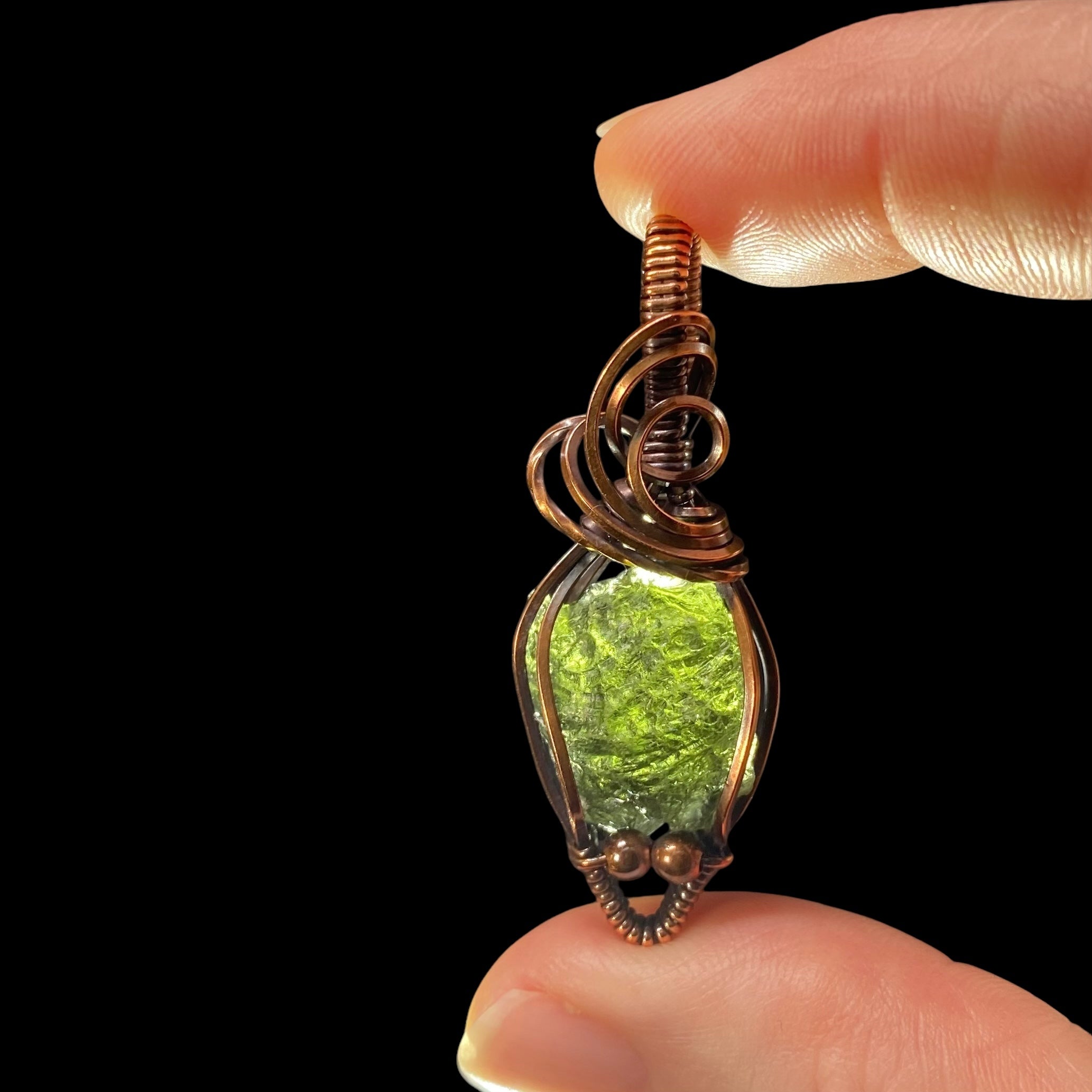 Genuine Moldavite and Copper Wire Wrapped Pendant