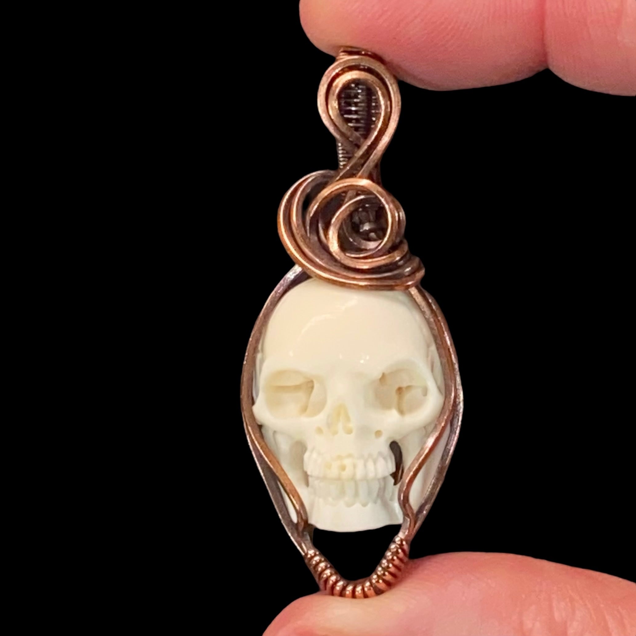 Carved Bone Skull and Copper Handmade Wire Wrapped Pendant