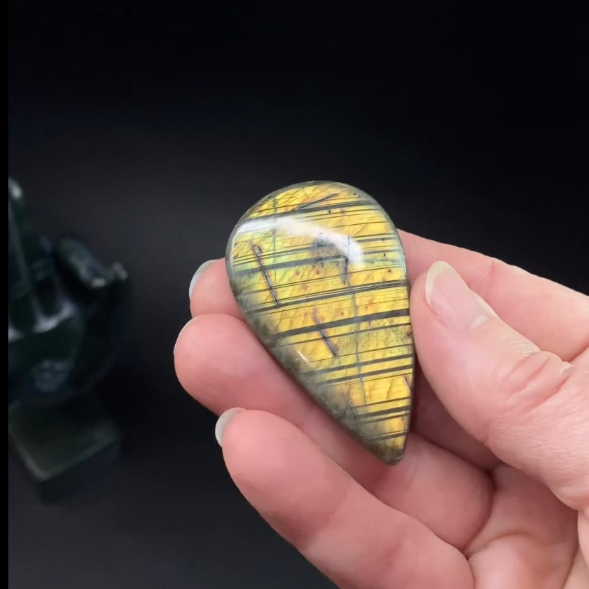 Yellow Orange Flash Teardrop Shaped Labradorite Cabochon