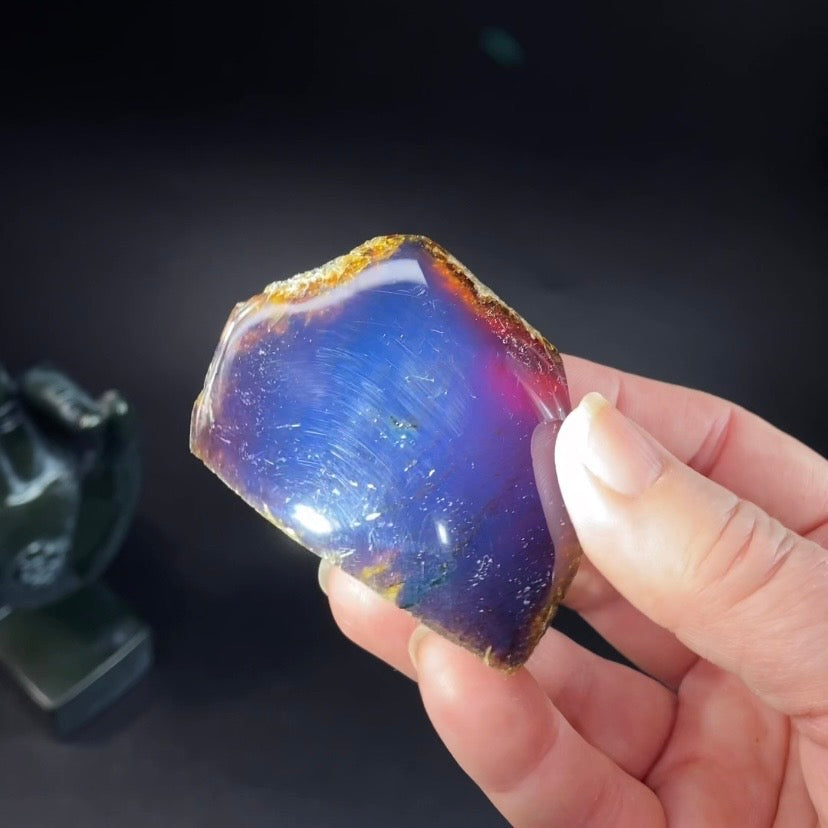 High Grade Sumatran Blue Amber Polished Display Face and Raw Exterior