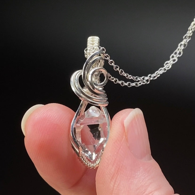 Herkimer Diamond Quartz & Sterling Silver Wire Wrapped Pendant with Rhodium Plated Sterling Silver Chain