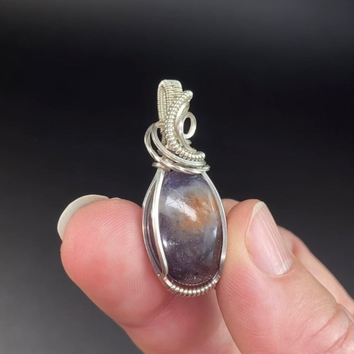 Sunstone in Iolite Tarnish Resistant Argentium Silver Wire Wrapped Pendant - Bloodshot Iolite