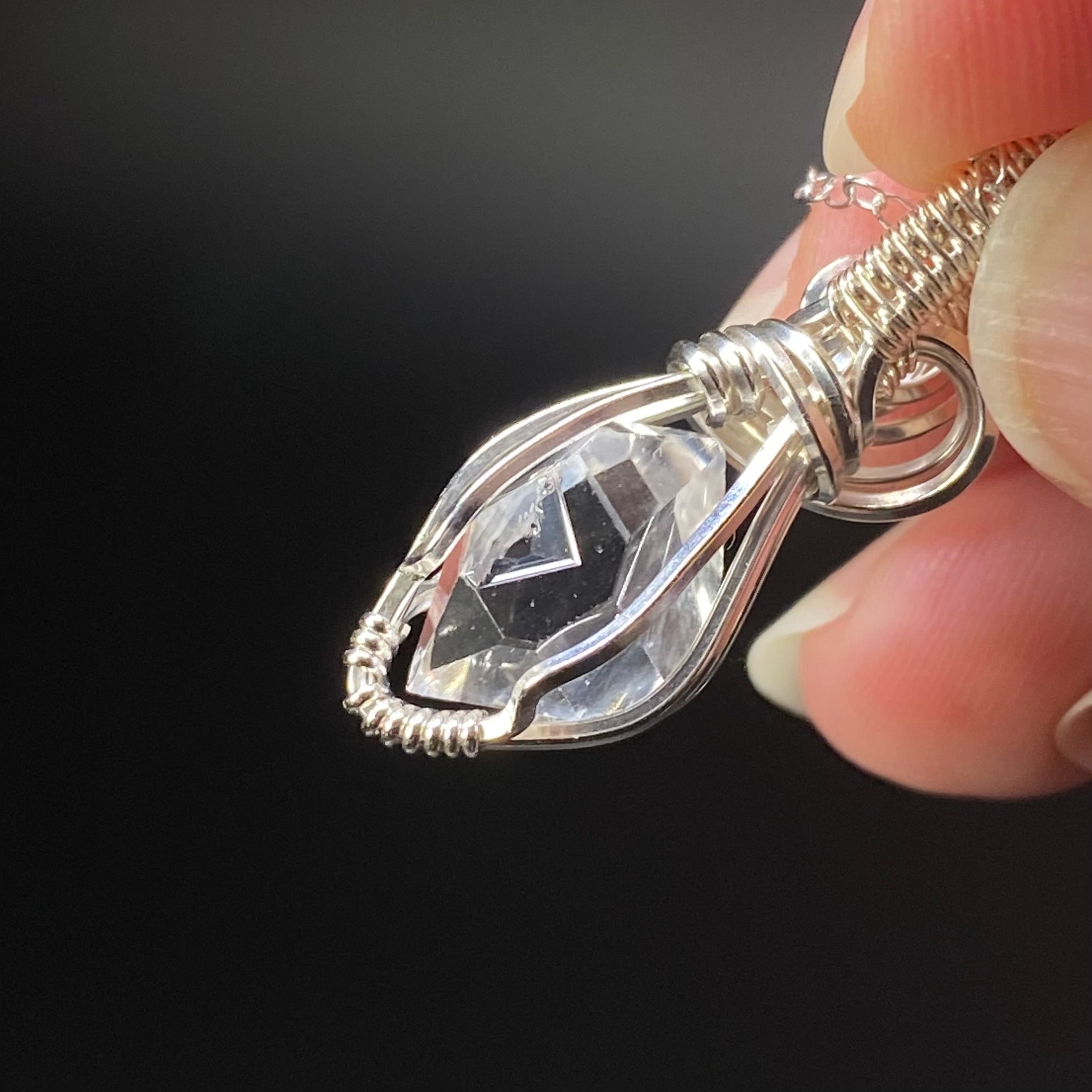 Herkimer Diamond Quartz & Sterling Silver Wire Wrapped Pendant with Rhodium Plated Sterling Silver Chain