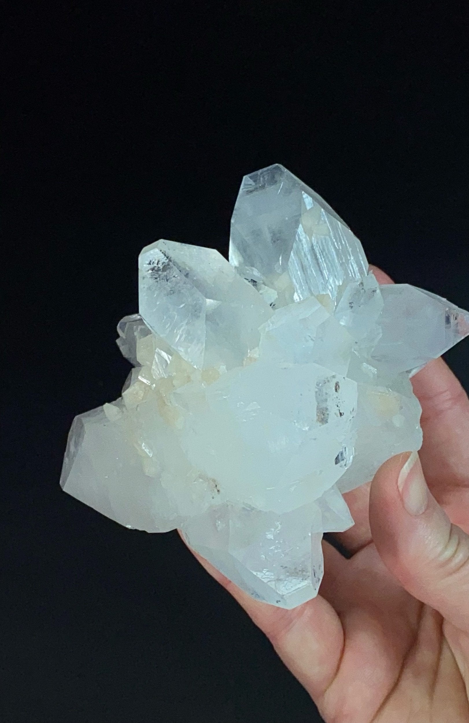 Clear Apophyllite Crystal Cluster with Stilbite & Fluorescent Inclusions, from Jalgaon, Maharashtra, India