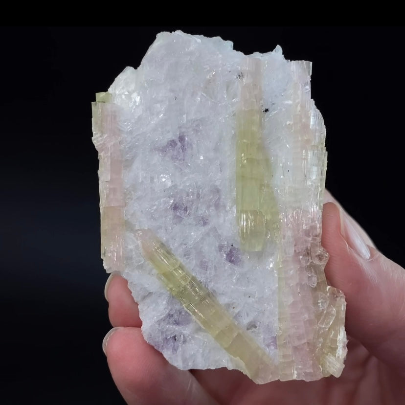 Lustrous Green and Pink Tourmaline Crystals on Lepidolite & Clevelandite Matrix