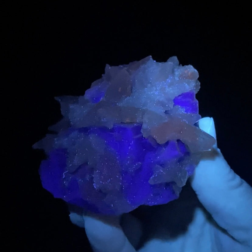 Dog Tooth Calcite on Blue Purple Fluorite Matrix, UV Reactive, Fluorescent