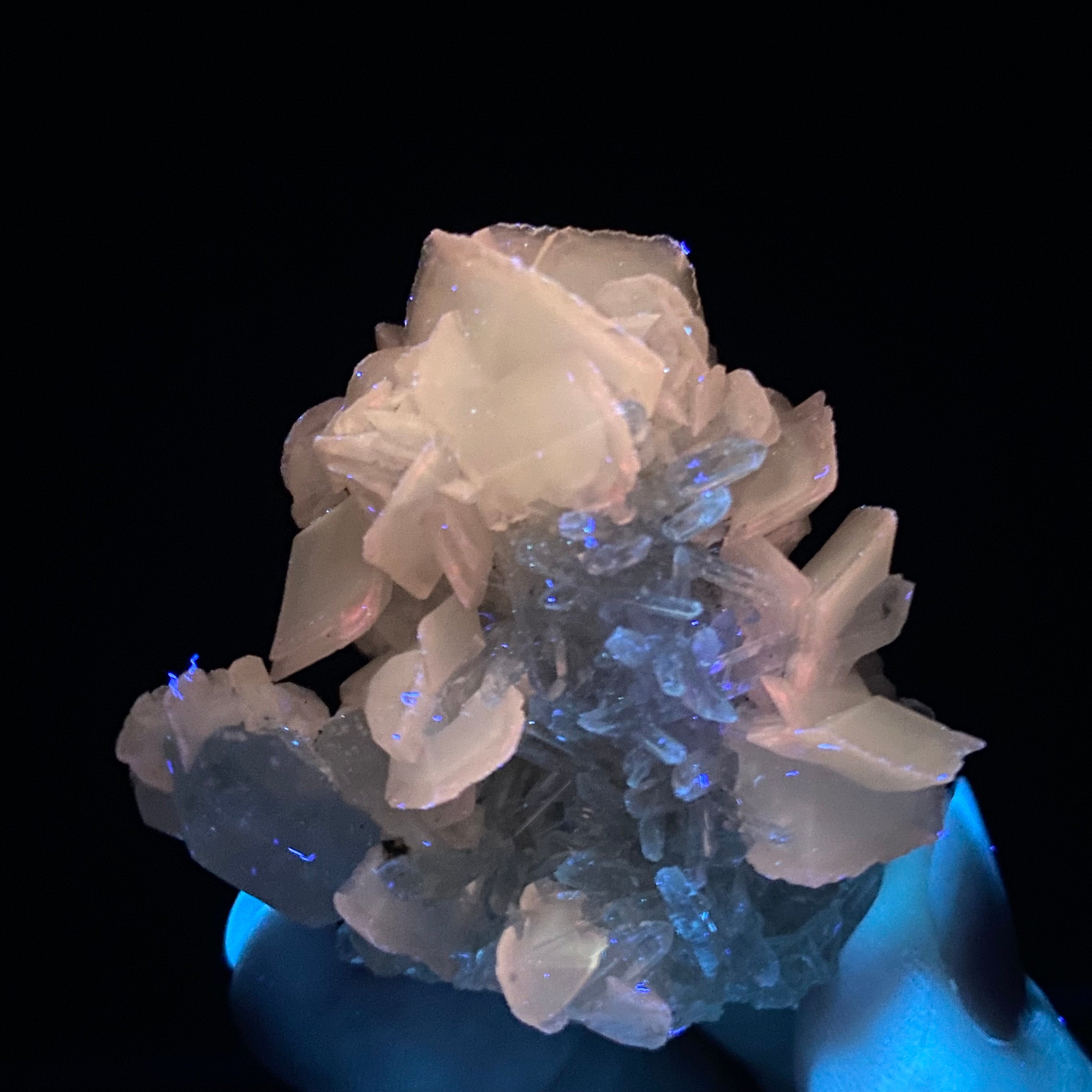 Fluorescent Calcite Cluster with Quartz from Trepça Mines, Kosovo