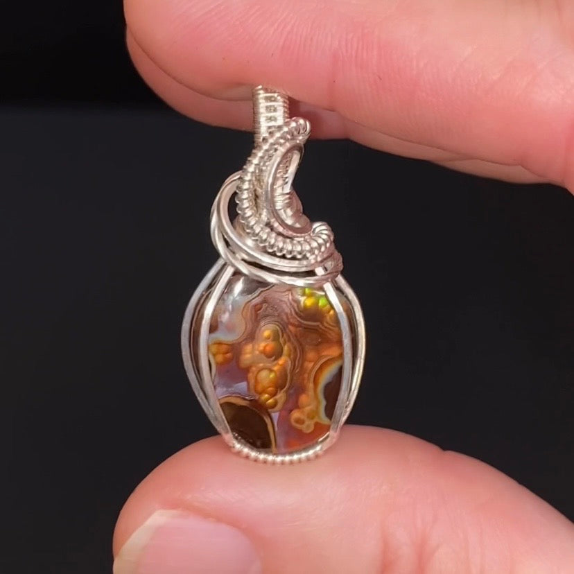 Mexican Fire Agate & Sterling Silver Wire Wrapped Pendant