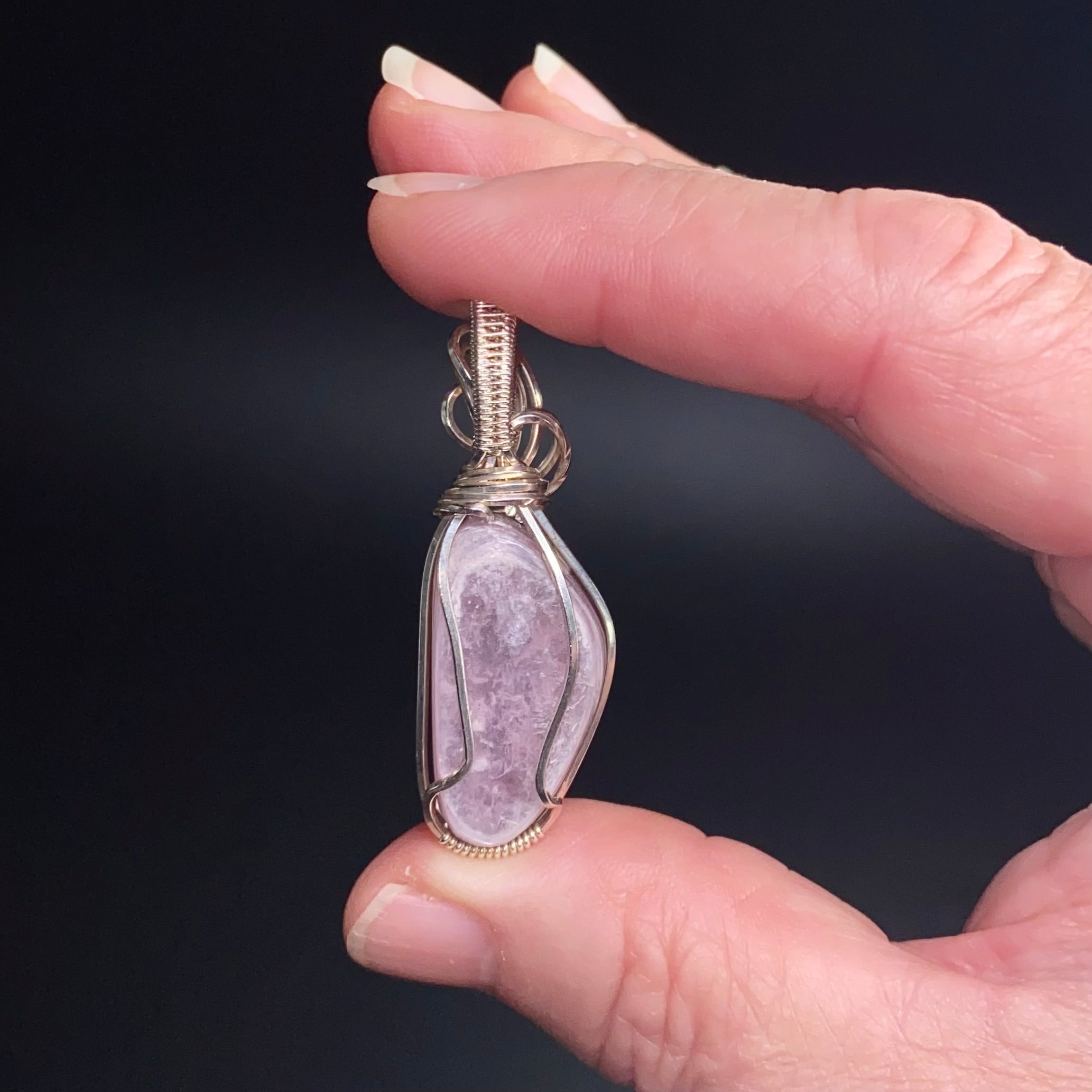 Lepidolite Mica and Sterling Silver Wire Wrapped Pendant