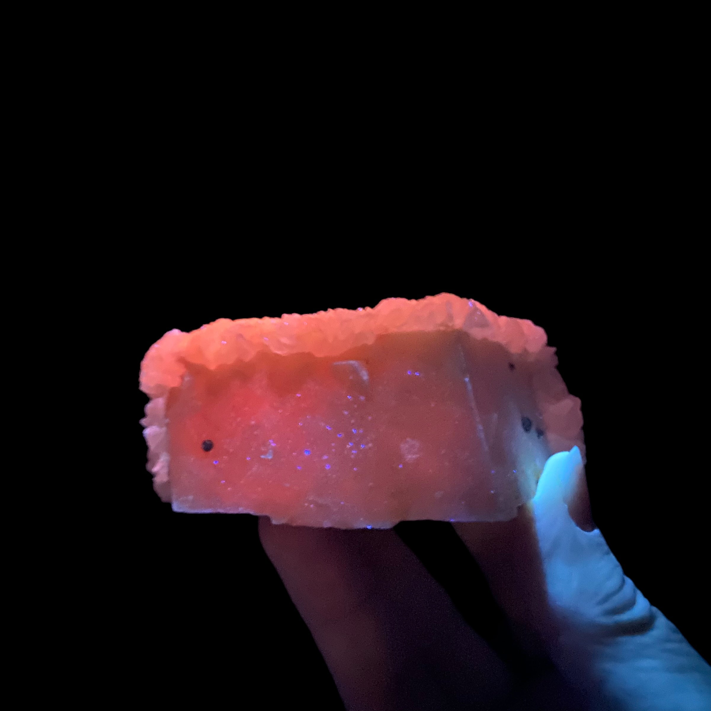 Fluorescent Mangano Calcite Covered in Clear Light Pink Calcite Crystals from Kosovo