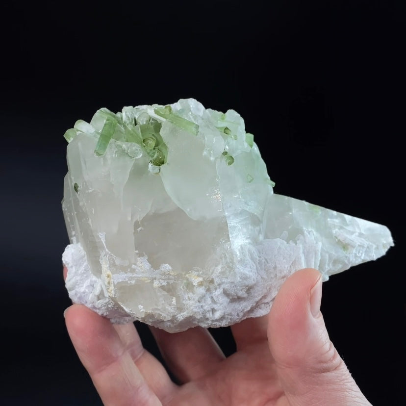 Green Tourmaline Crystals with Lepidolite on Quartz, Laghman, Afghanistan