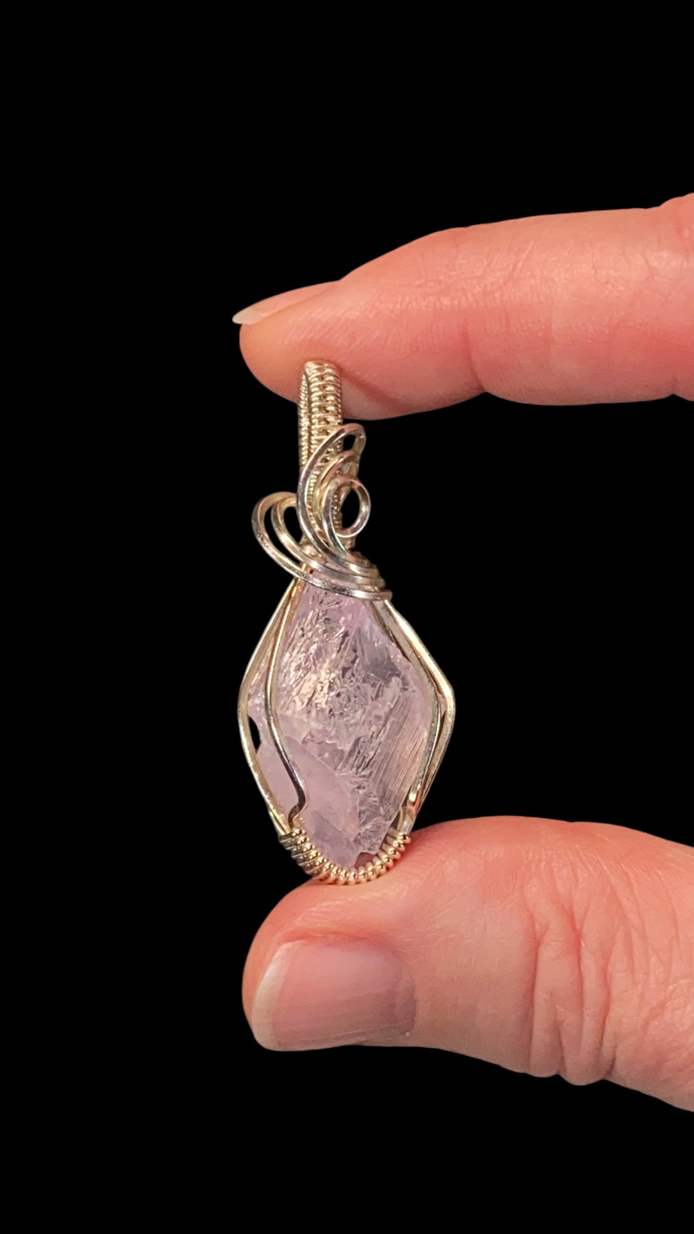 Fluorescent Spodumene Kunzite & Sterling Silver Wire Wrapped Pendant