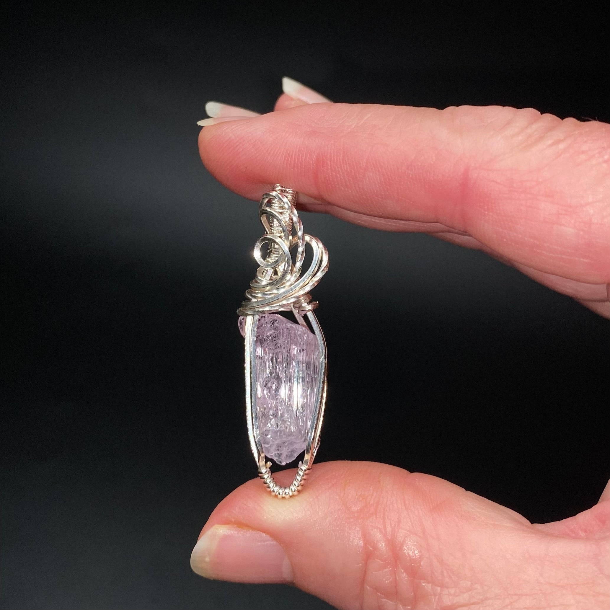 Fluorescent Spodumene Kunzite & Sterling Silver Wire Wrapped Pendant