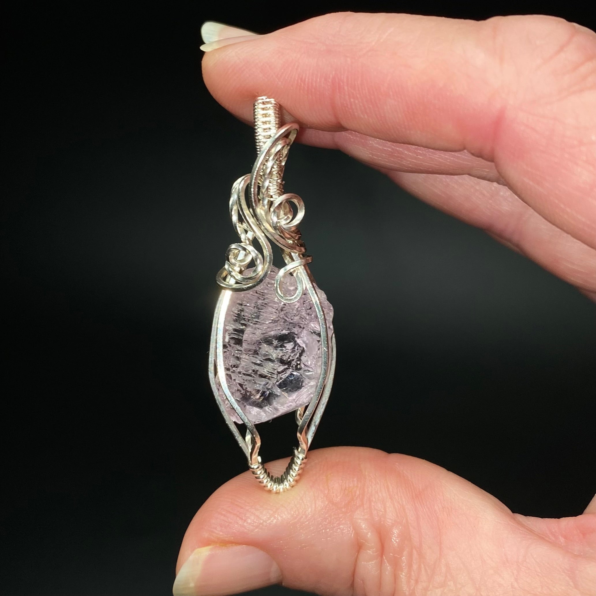 Fluorescent Spodumene Kunzite & Sterling Silver Wire Wrapped Pendant