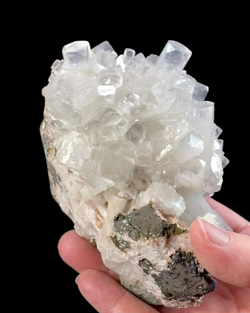 Clear Apophyllite Crystals with Peach Stilbite & Okenite on Basalt Matrix