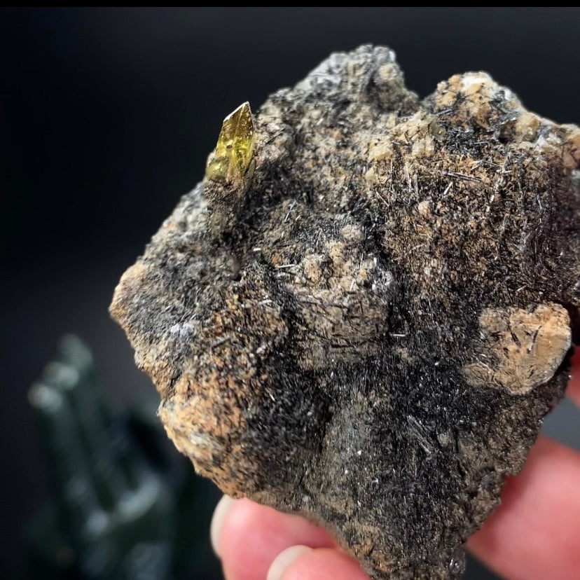 Yellow Green Titanite Sphene Crystal with Rutile on Matrix