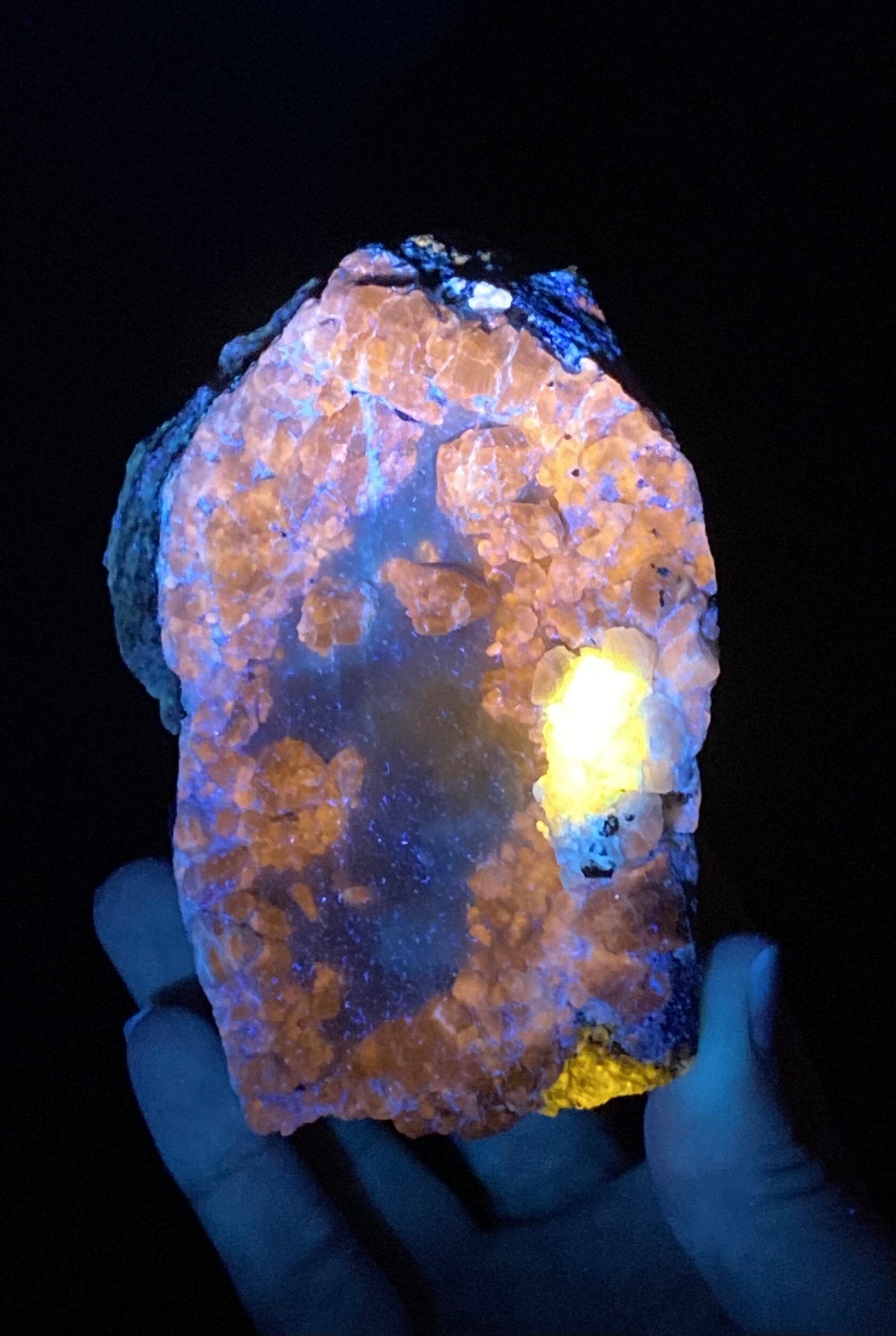 Fluorescent Afghanite Crystals and Pyrite on Calcite-Marble Matrix from Badakhshan, Afghanistan