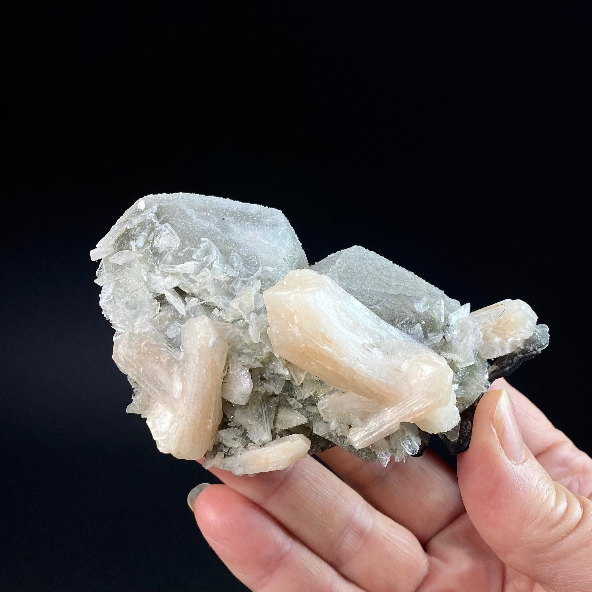 Clear Heulandite Fans with Stilbite and Chalcedony Coated Calcite