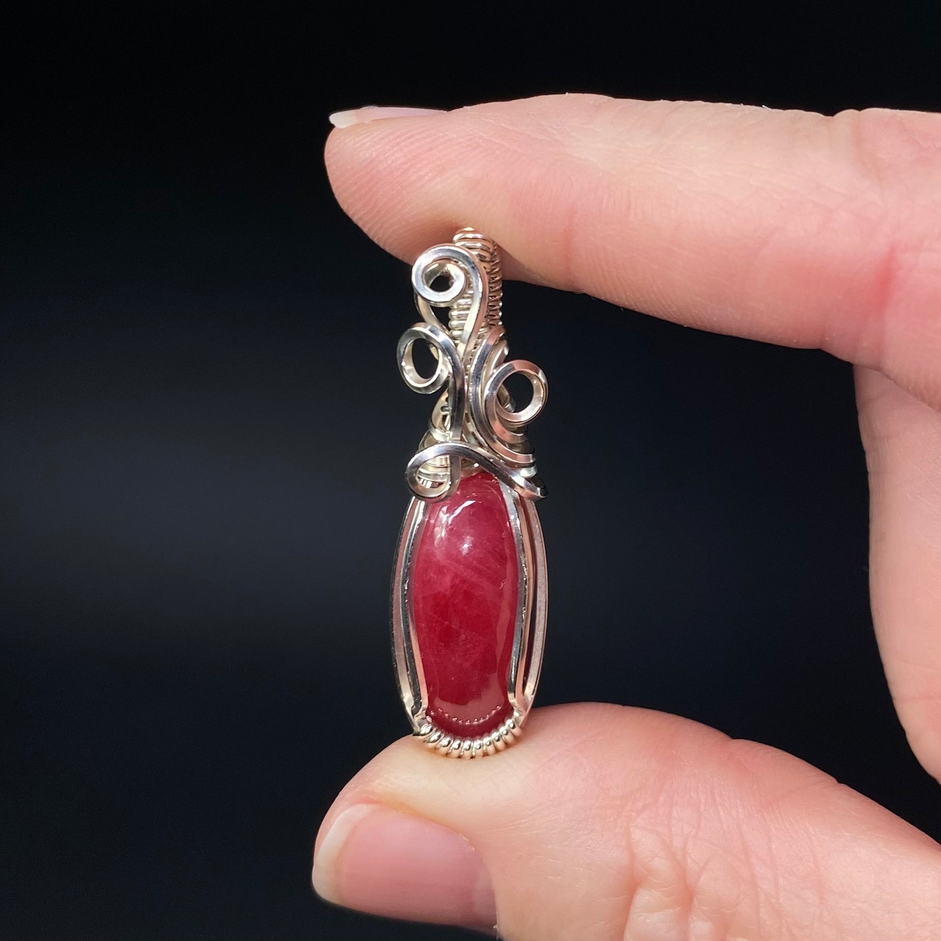 High Grade Polished Rhodonite & Sterling Silver Wire Wrapped Pendant